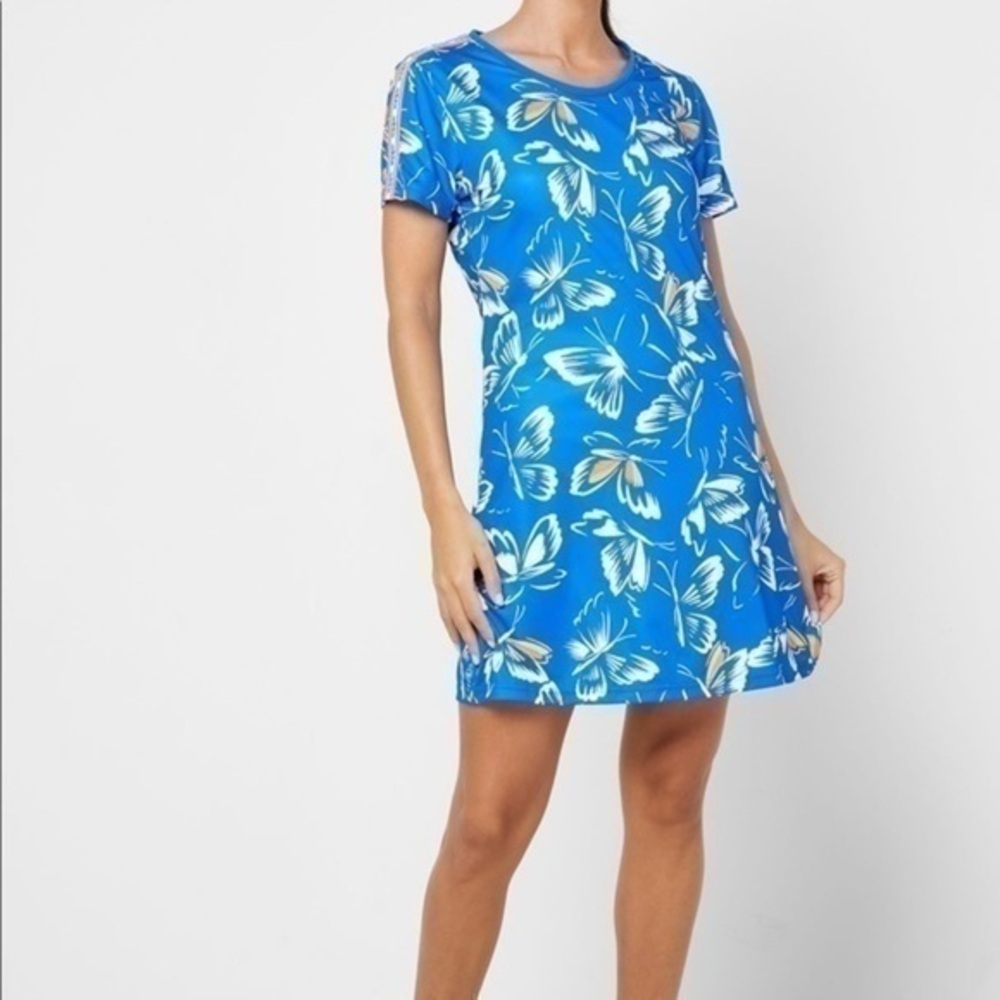 Adidas Farm Rio Collab Blue Butterfly Print Short Sleeve Polyester Dress Small